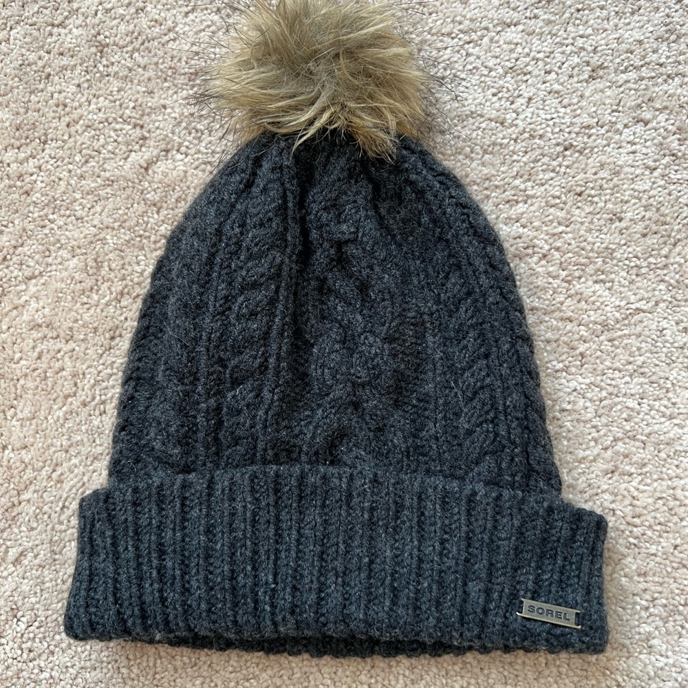 Sorel Dark Grey Knit Beanie with Faux Fur Pom